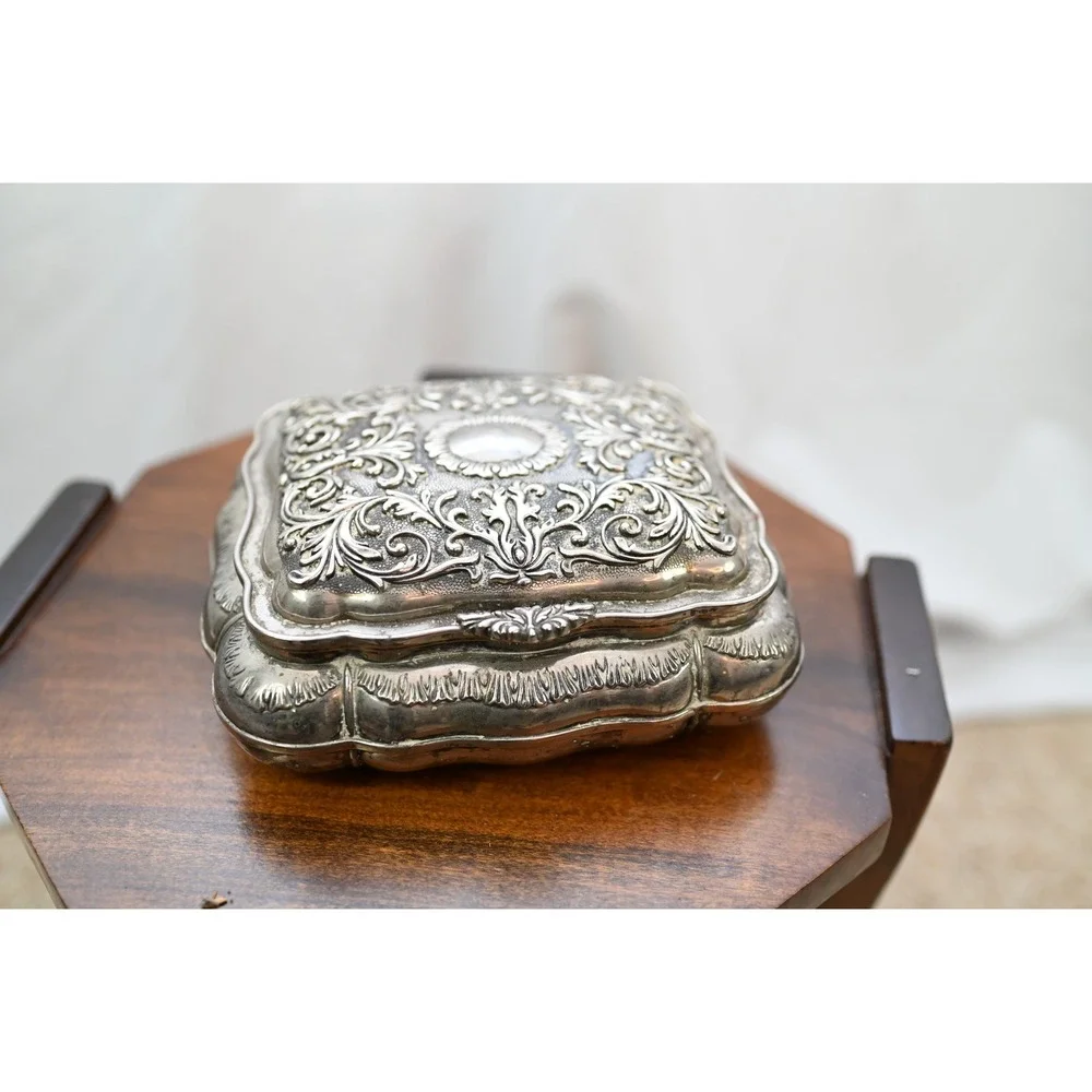 Vintage Silver Plated Jewelry Box Red Velvet Lined Ornate Repousse Floral Box